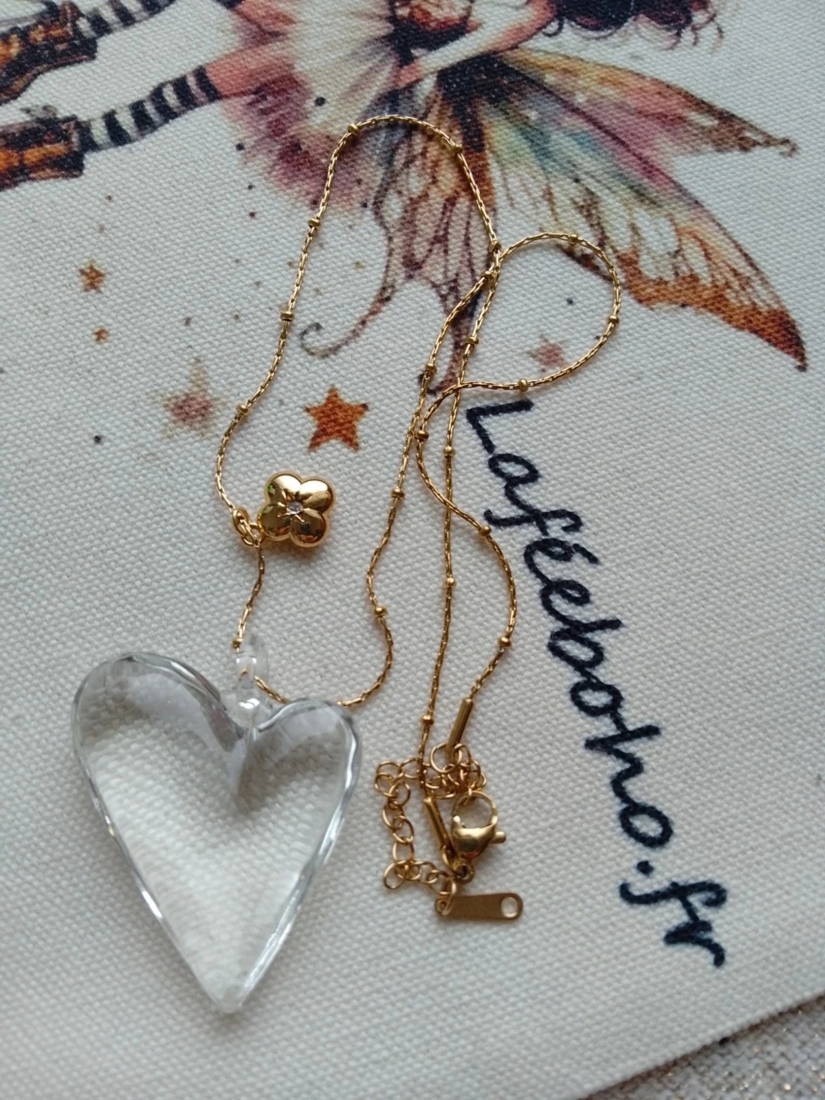 Bohemian love necklace with heart glass and golden stainless steel flower – photo 2